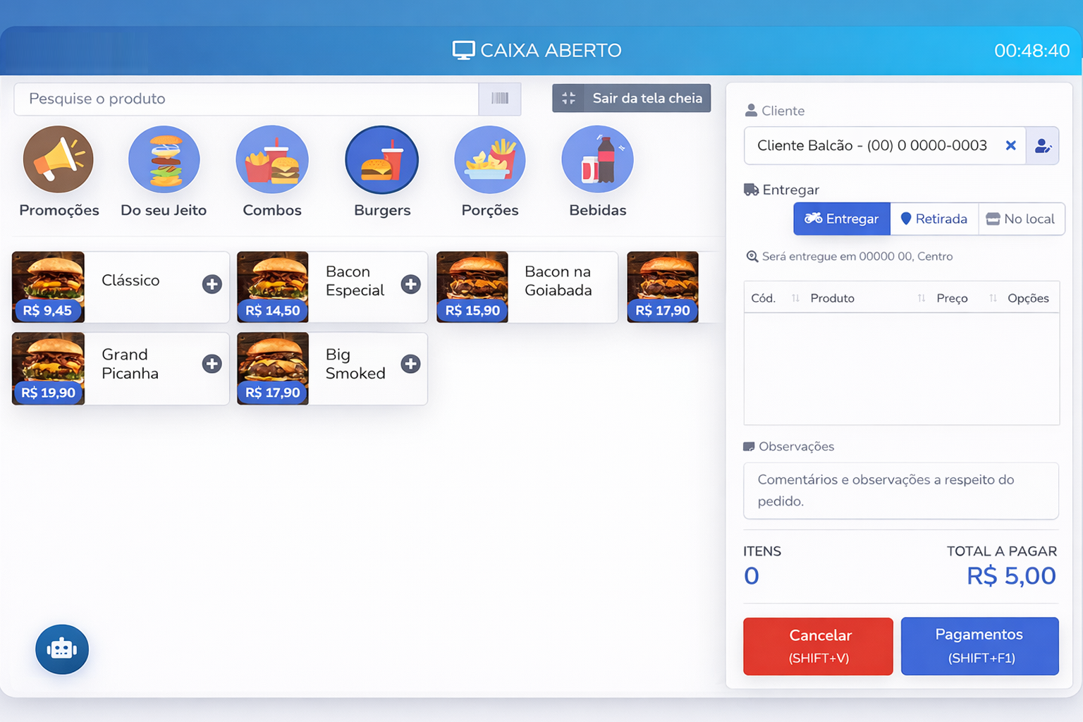 Tela de pedidos do sistema DiDelivery 